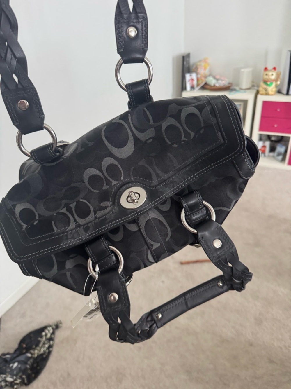 Coach Black Signature Jacquard Shoulder Bag with Silver Hardware